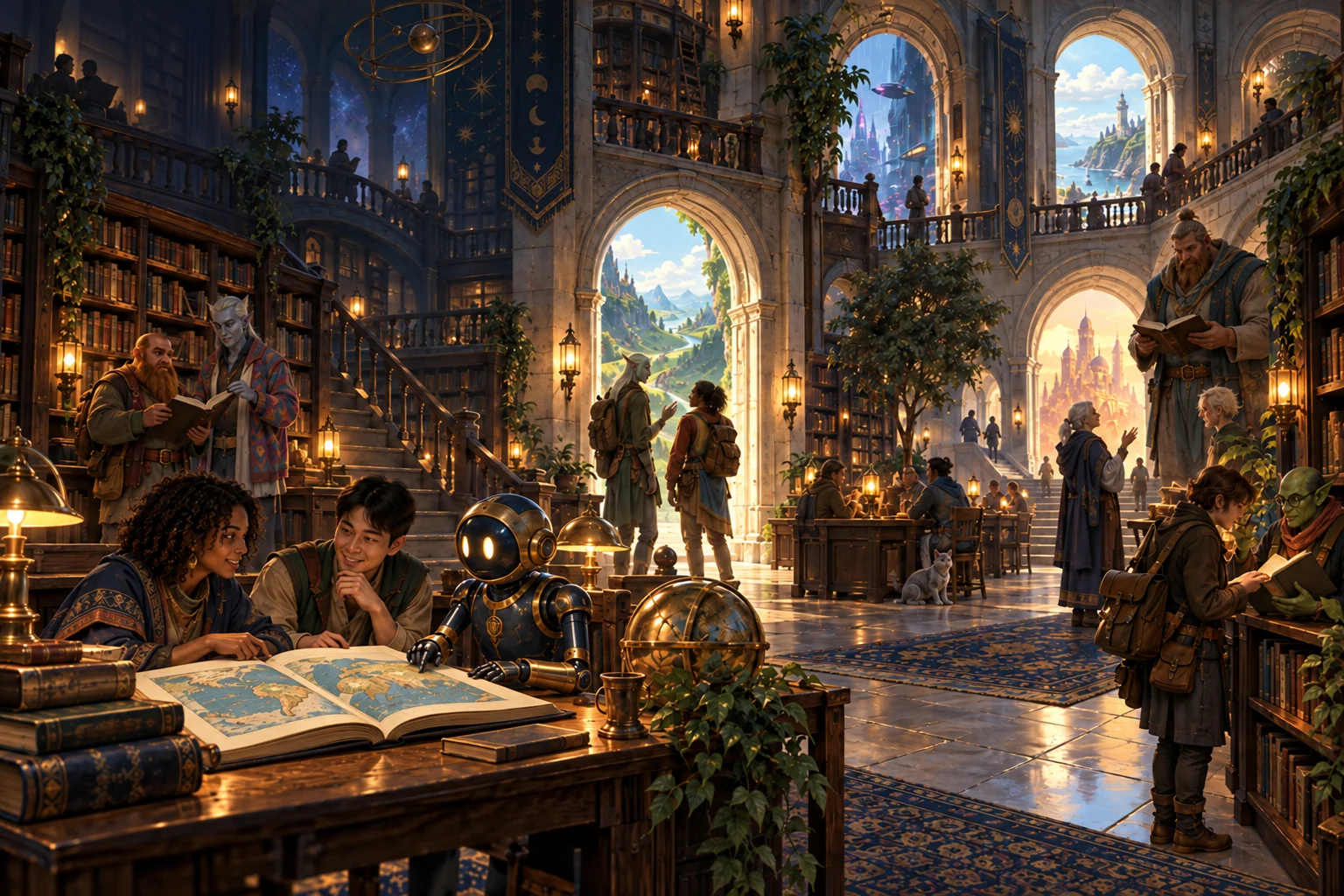 In the Athenaeum library, visitors of many backgrounds study maps and books alongside a robot, giant, elf, dwarf, goblin, and other fantastical readers
