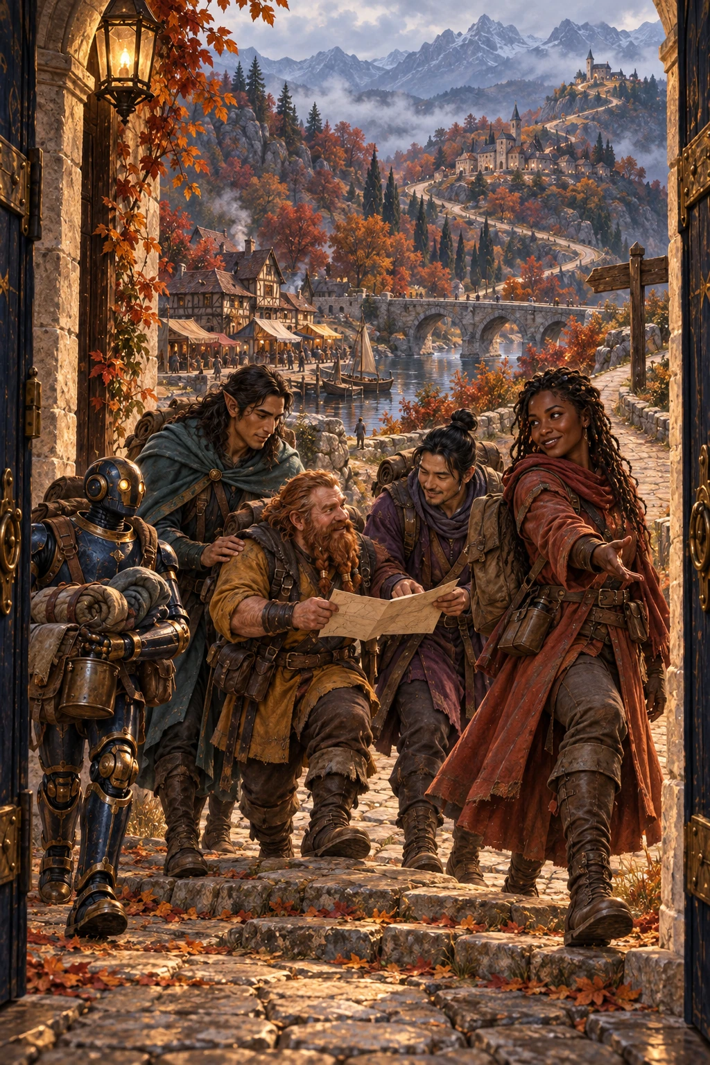 Travelers gathering at the threshold of an unfolding adventure