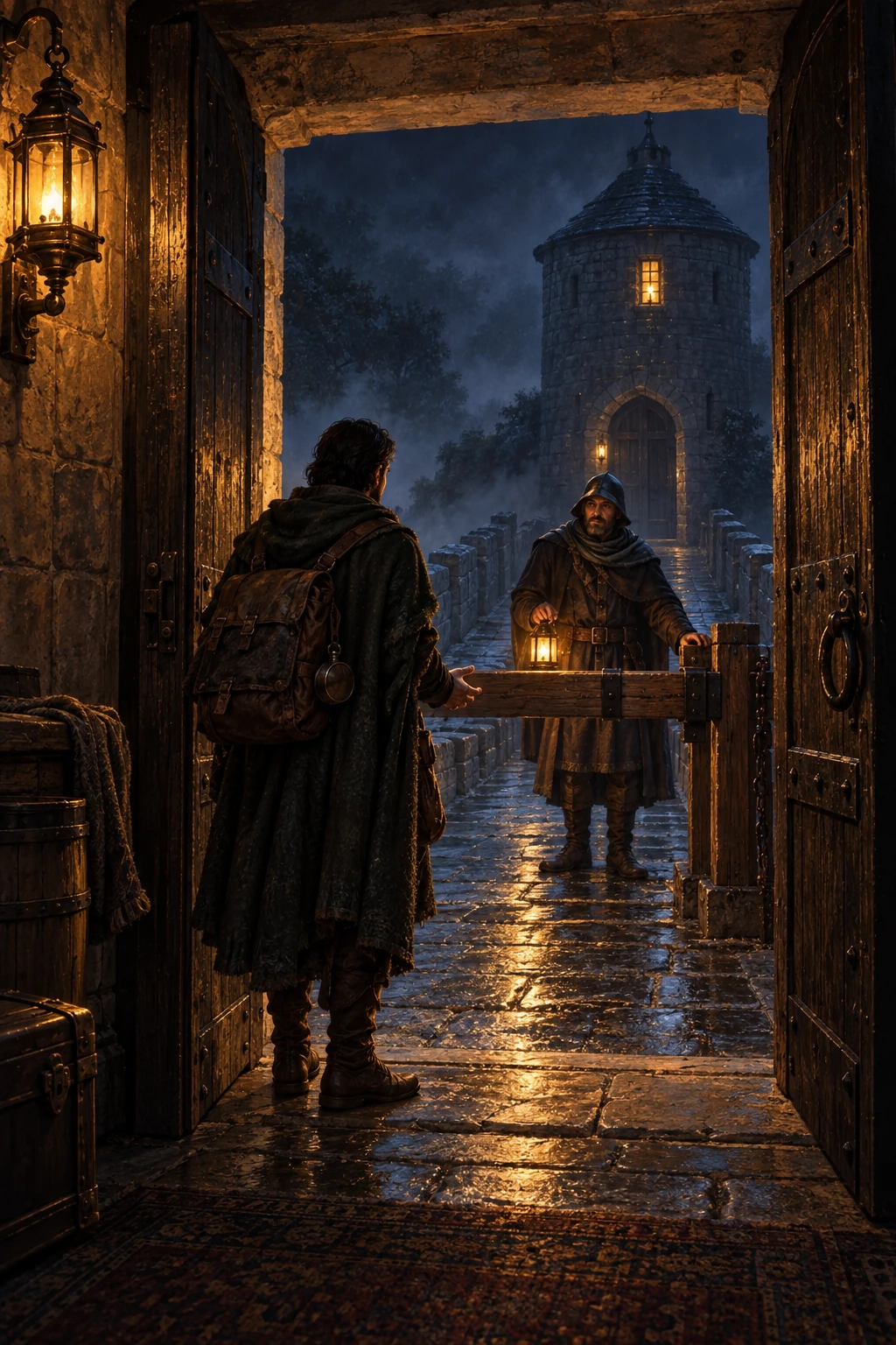 A doorway opens onto a single lamplit crossing