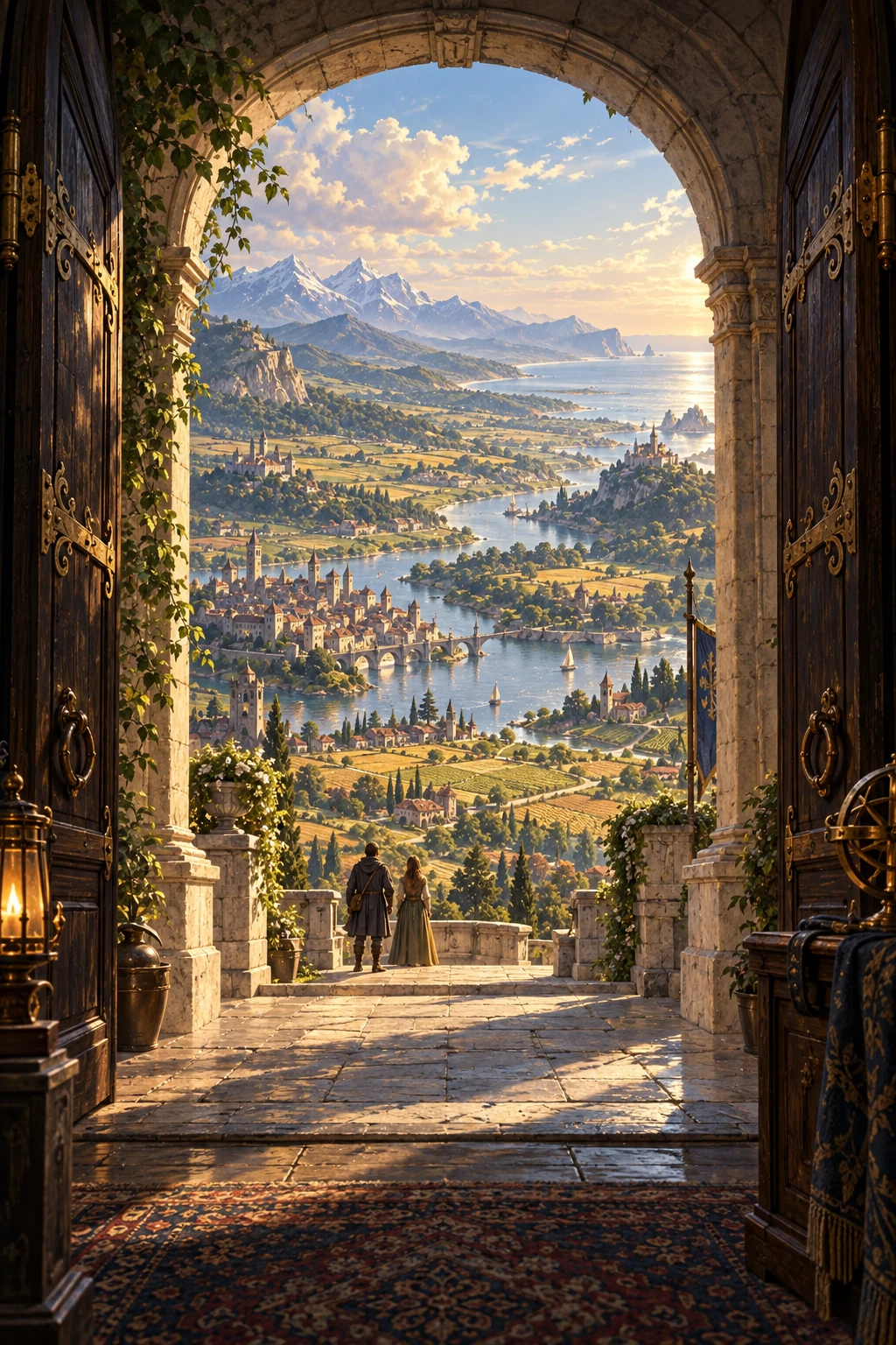 A doorway opens onto a broad inhabited world